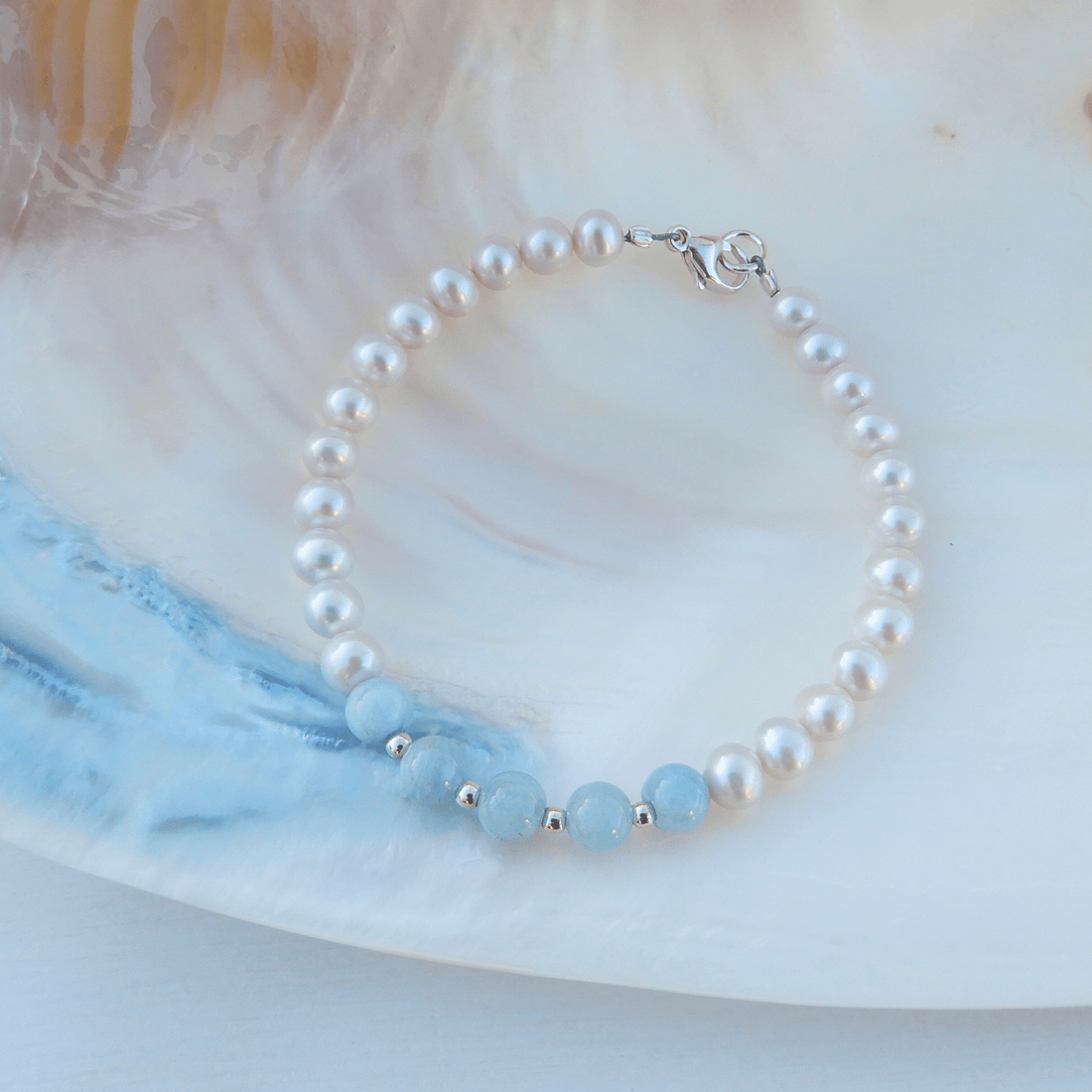 Parel/Aquamarijn armband 6mm - Gloria Maris Giethoorn