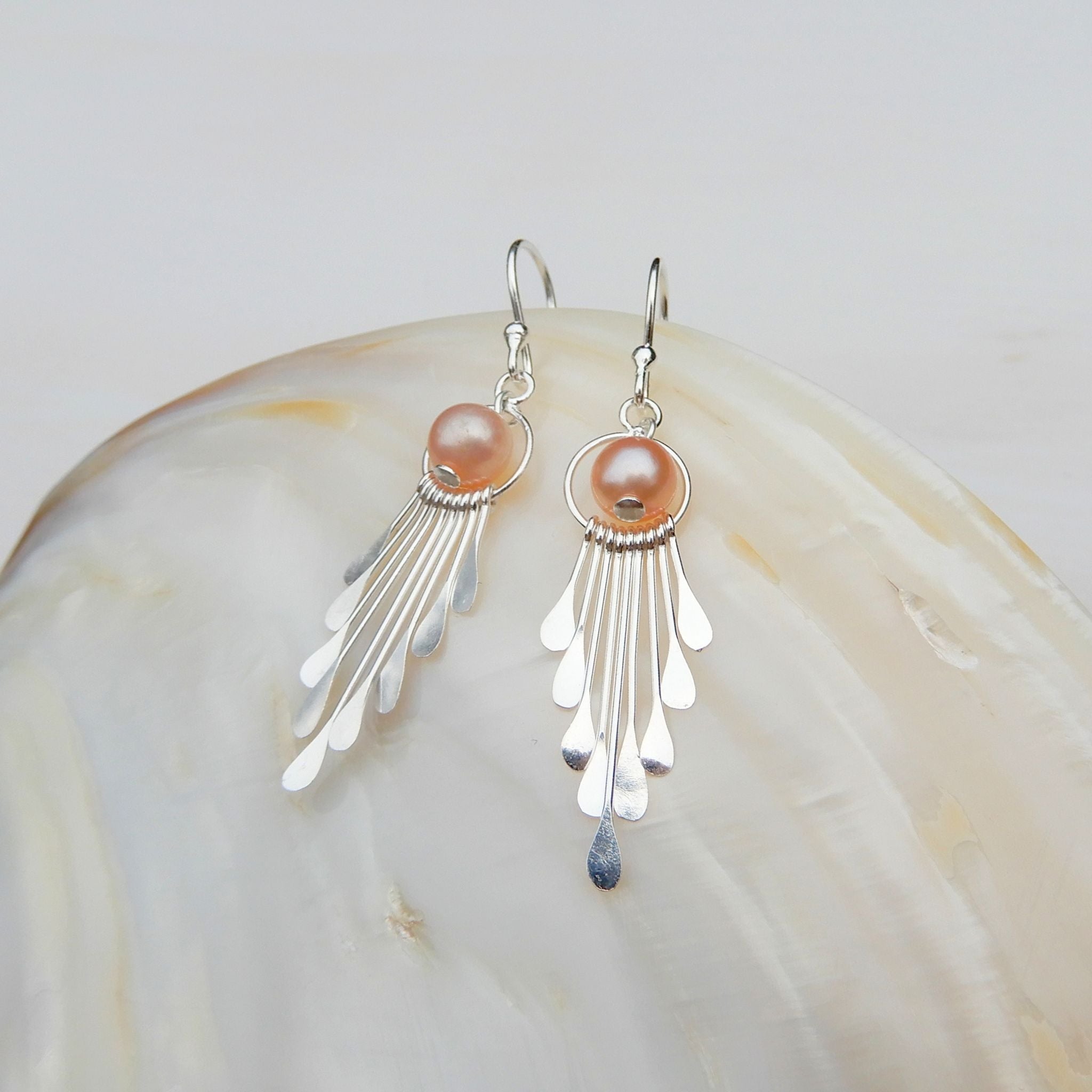 Sterling zilver 925 peach Parel oorhangers met franjes