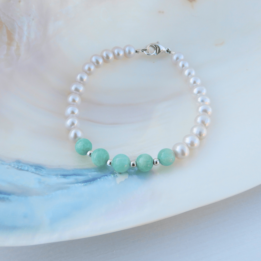 Parel/Amazoniet armband 5mm - Gloria Maris Giethoorn