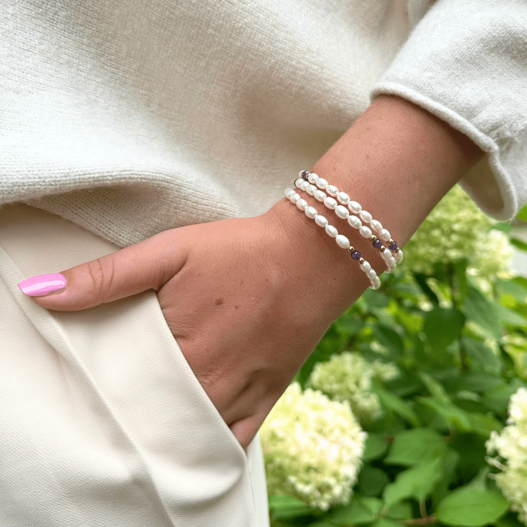 Drie rij armband Parel/Amethist 4 - 5mm, verstelbaar - Gloria Maris Giethoorn