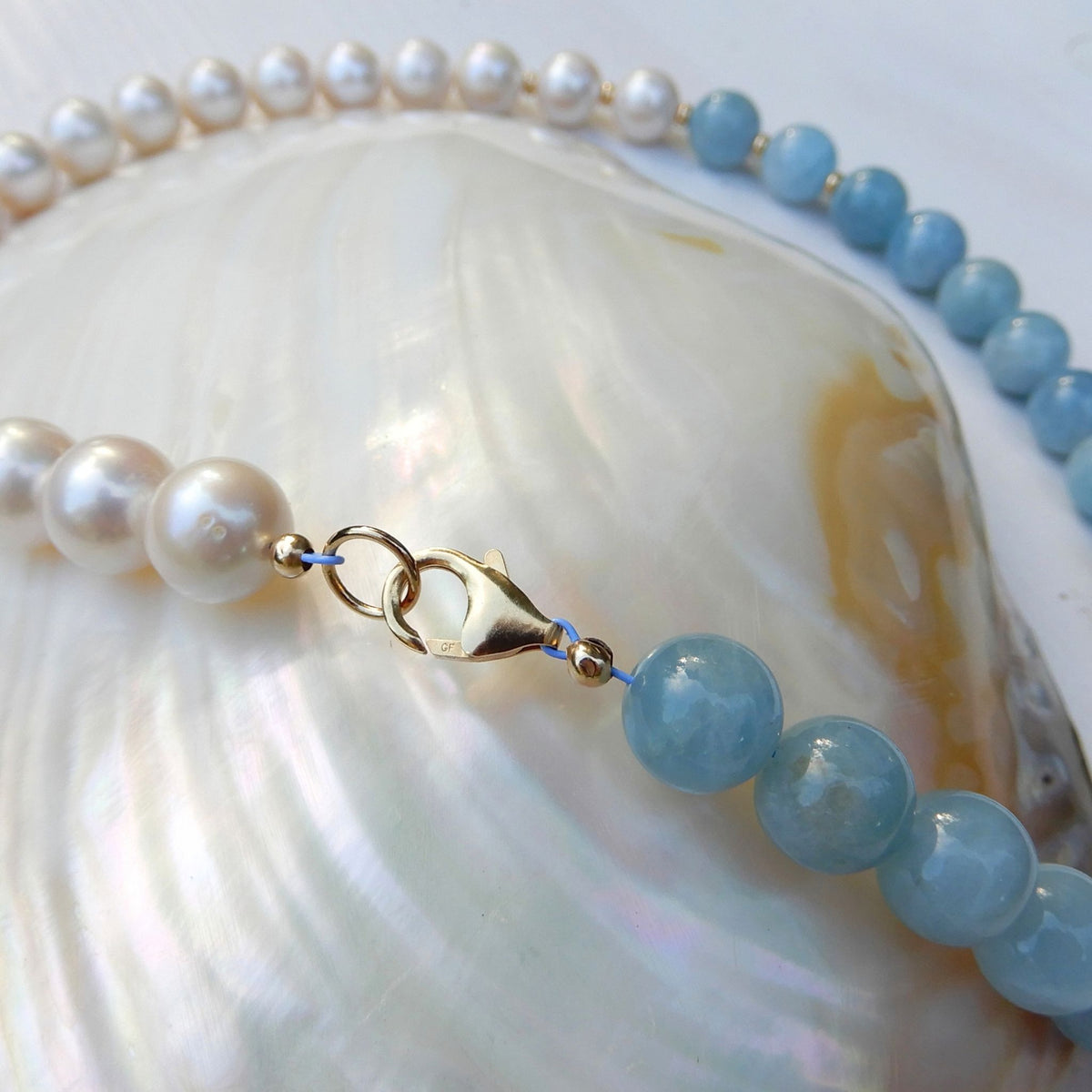 Zoetwater parel met Aquamarijn collier - gold filled