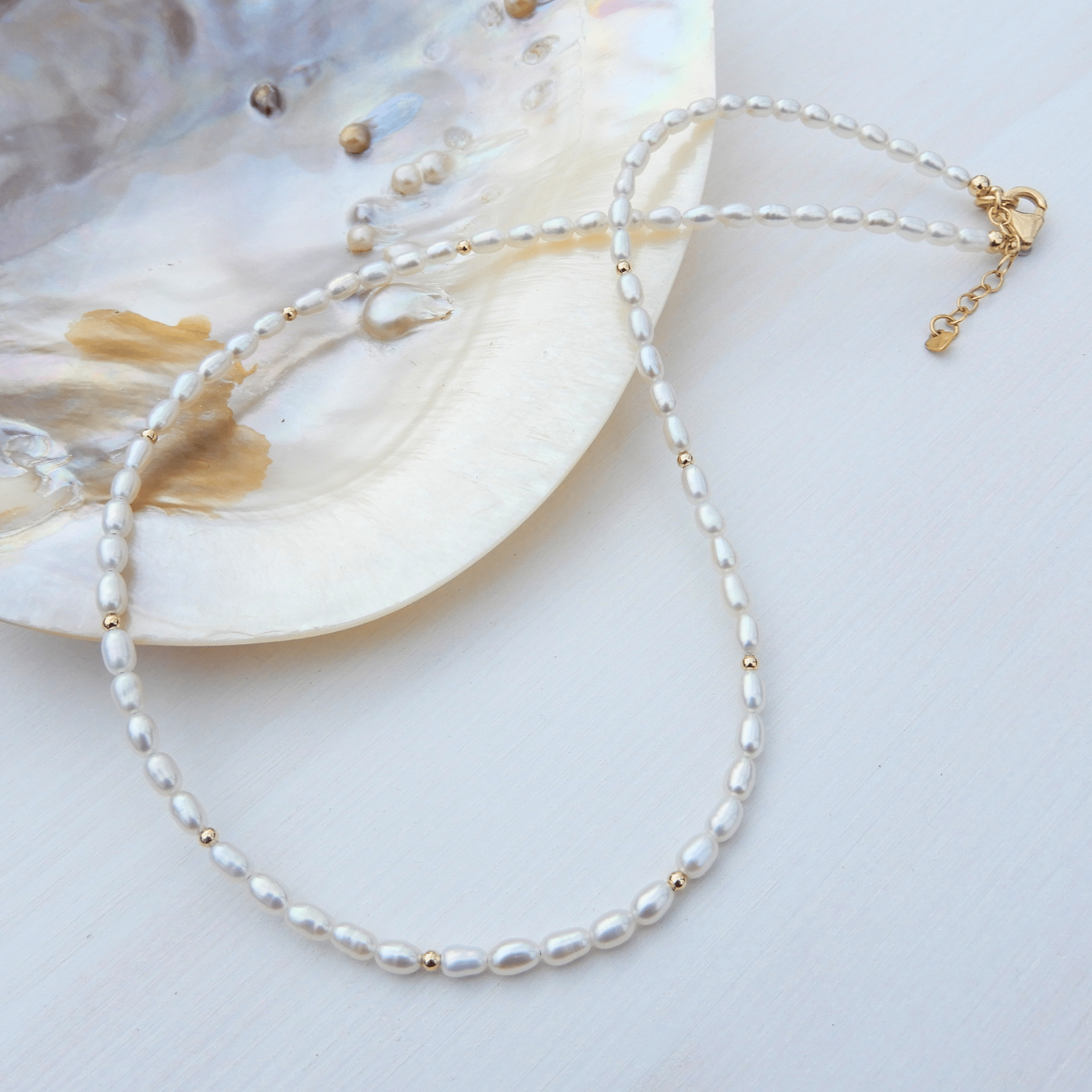 Parel collier 3 - 3,5mm rijst gold filled - Gloria Maris Giethoorn