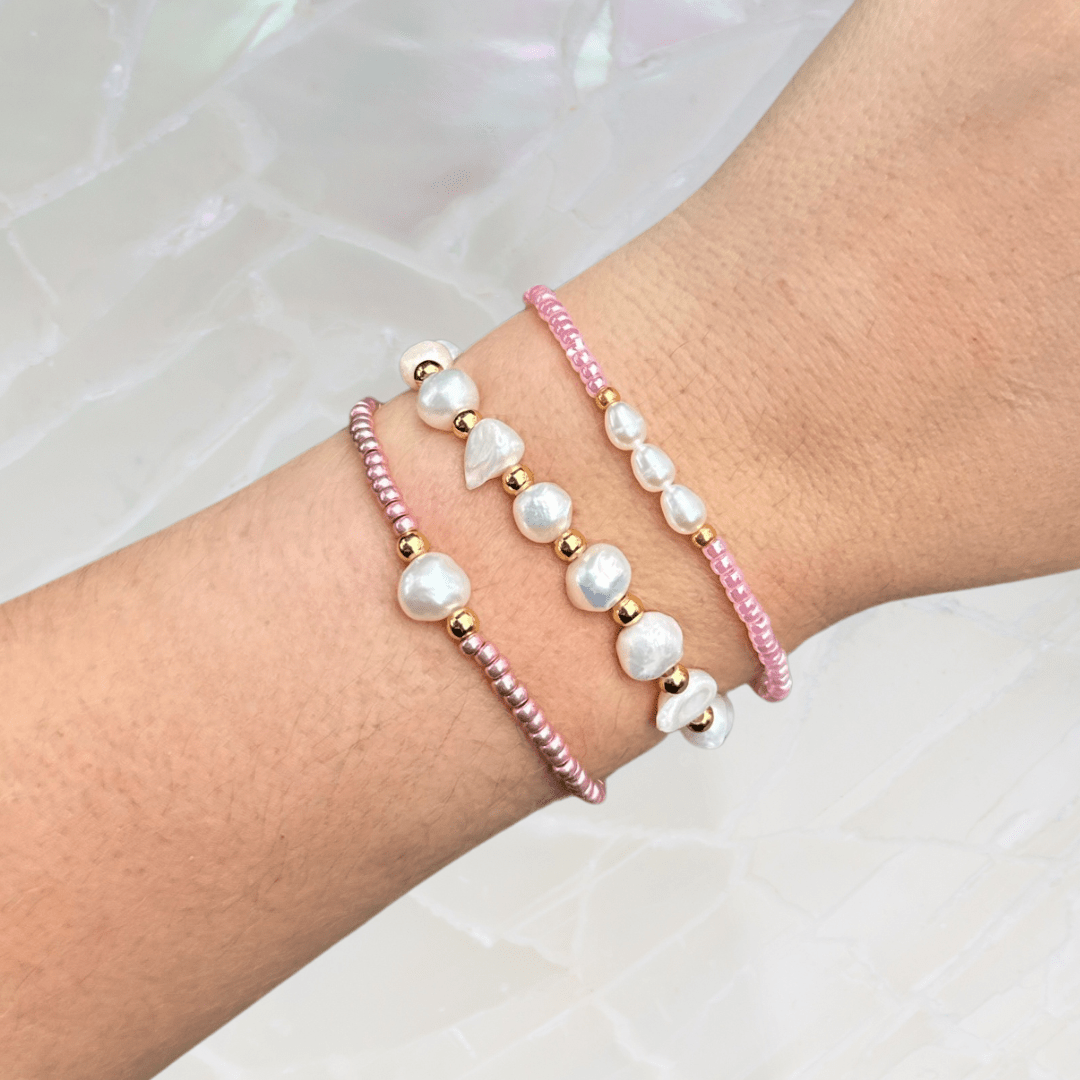 Parel armbanden set metallic light pink 6/7mm, stretch - Gloria Maris Giethoorn