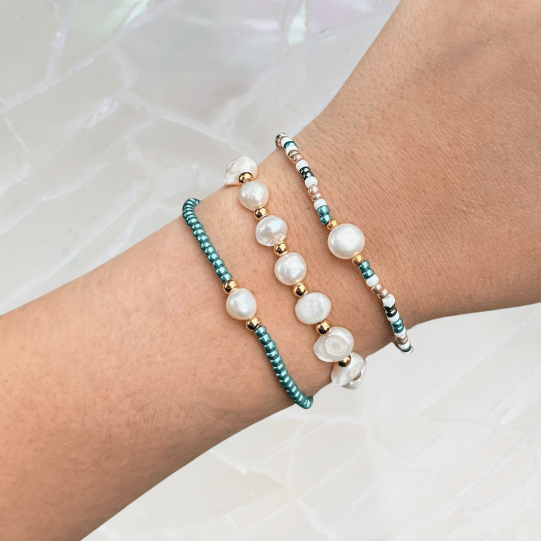 Parel armbanden set metallic blauw 6/7mm, stretch - Gloria Maris Giethoorn