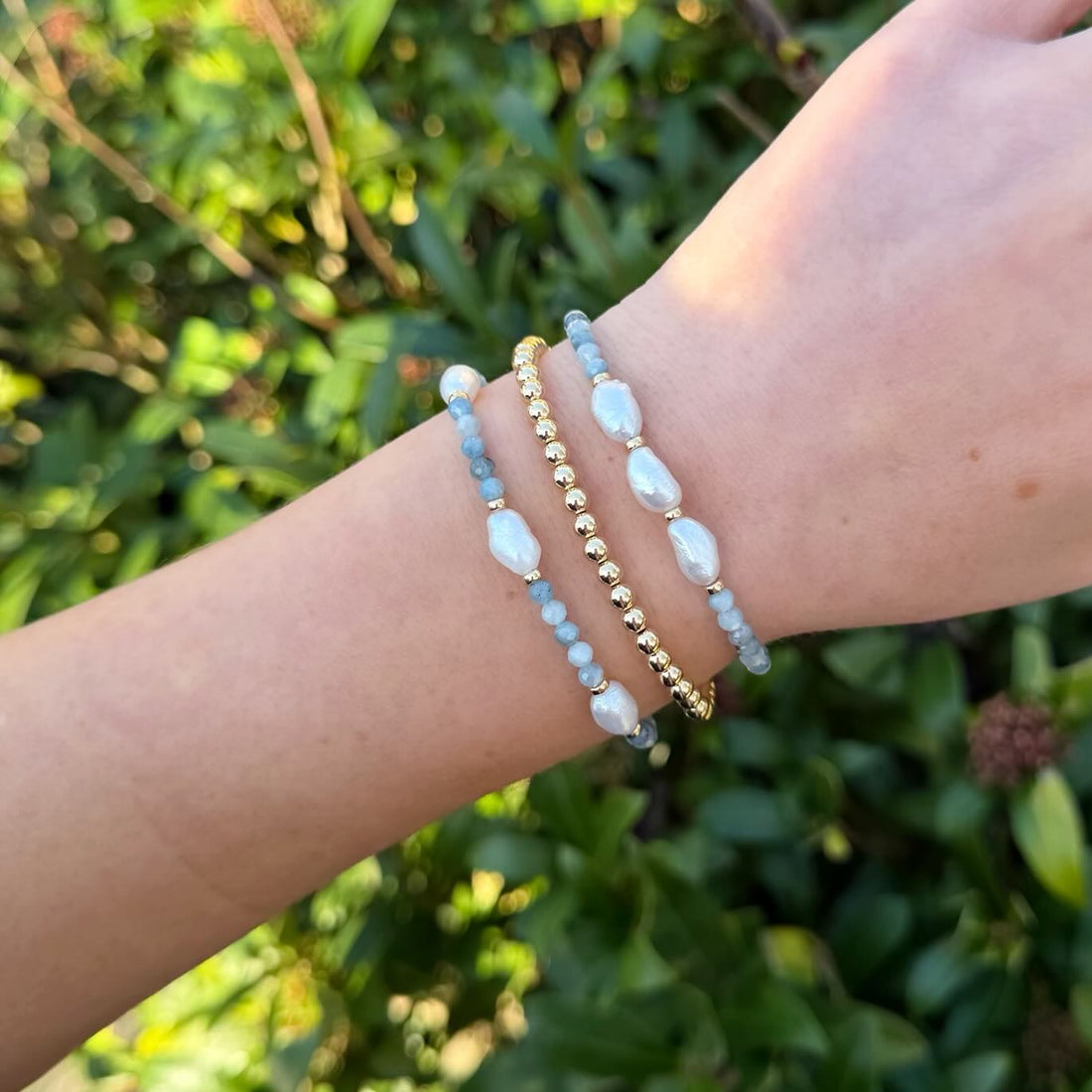 Aquamarijn armbanden set in combinatie met zoetwater Parel.