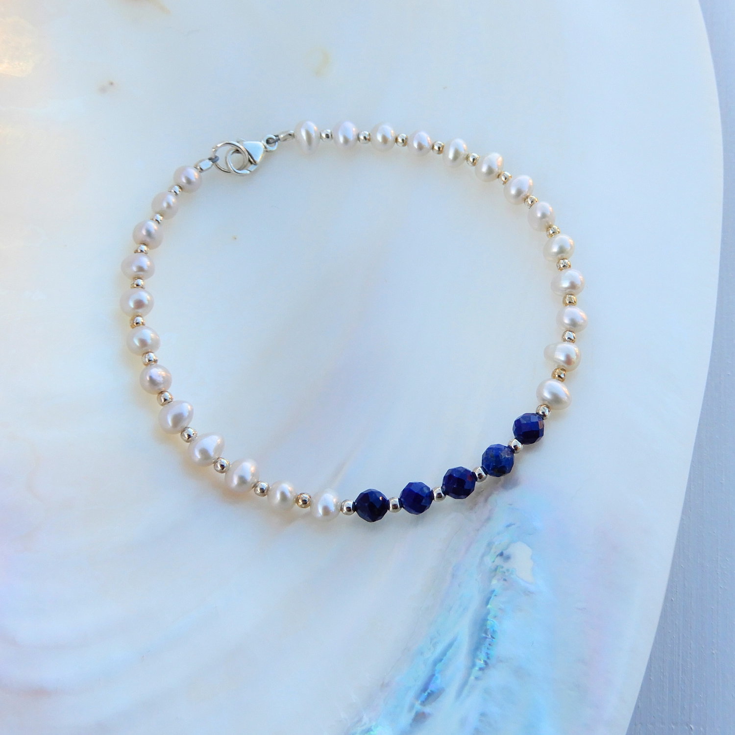 Zoetwater Parel Lapis Lazuli 4mm facet kralen armband sterling zilver 925