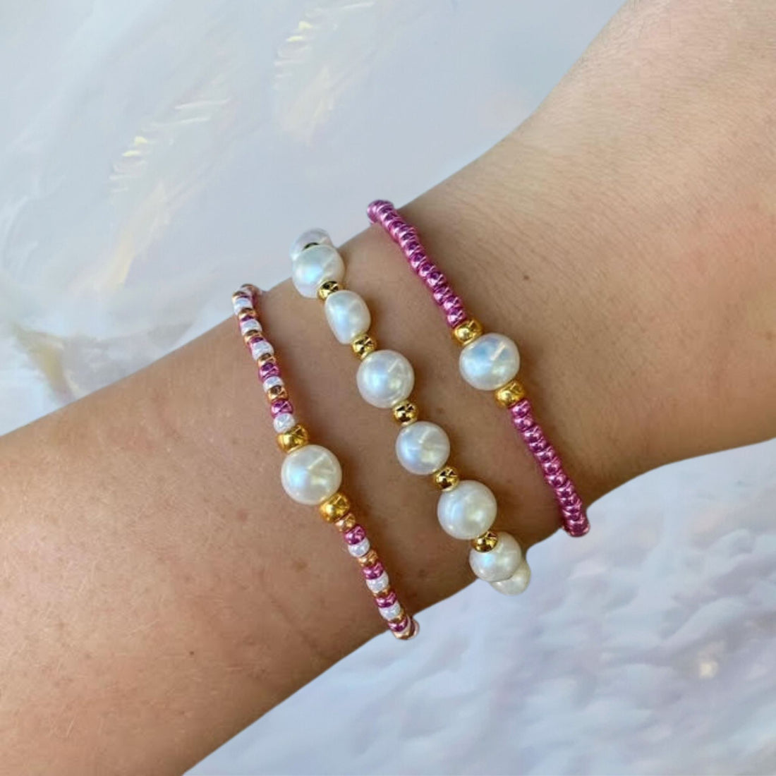 Zoetwater Parel stretch armbanden set in diverse tinten roze