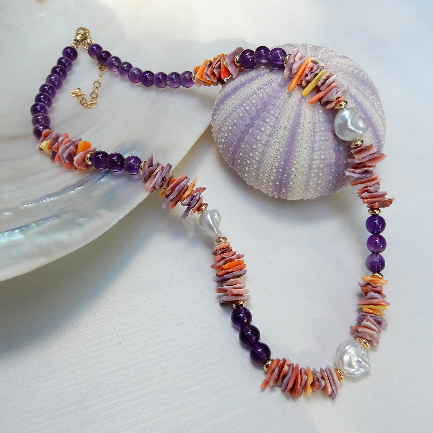 Pearl, Amethyst and shell necklace