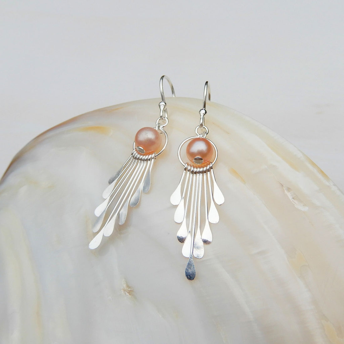 Sterling zilver 925 peach Parel oorhangers met franjes