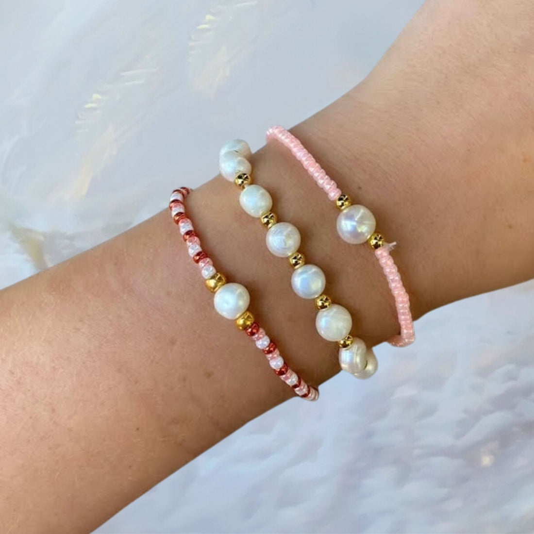 Zoetwater Parel stretch armbanden set in diverse tinten roze