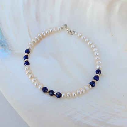 Zoetwater Parel met Lapis Lazuli armband, facet 4mm kralen, sterling zilver 925