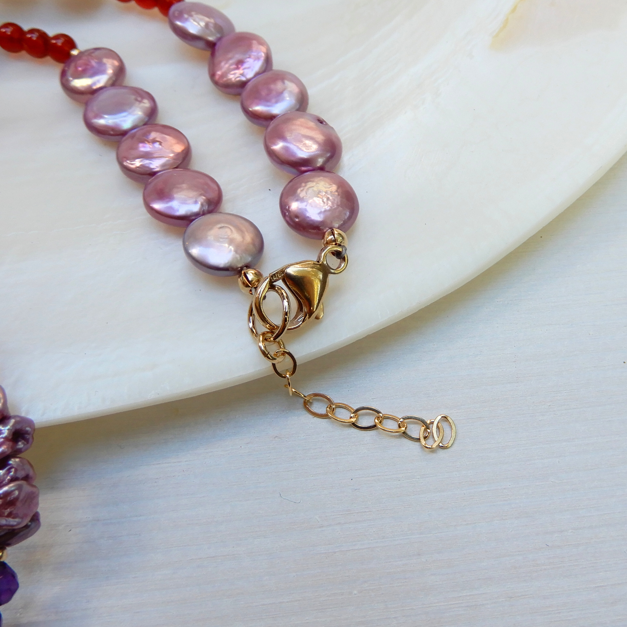 Pearl, Carnelian, Amethyst and shell necklace