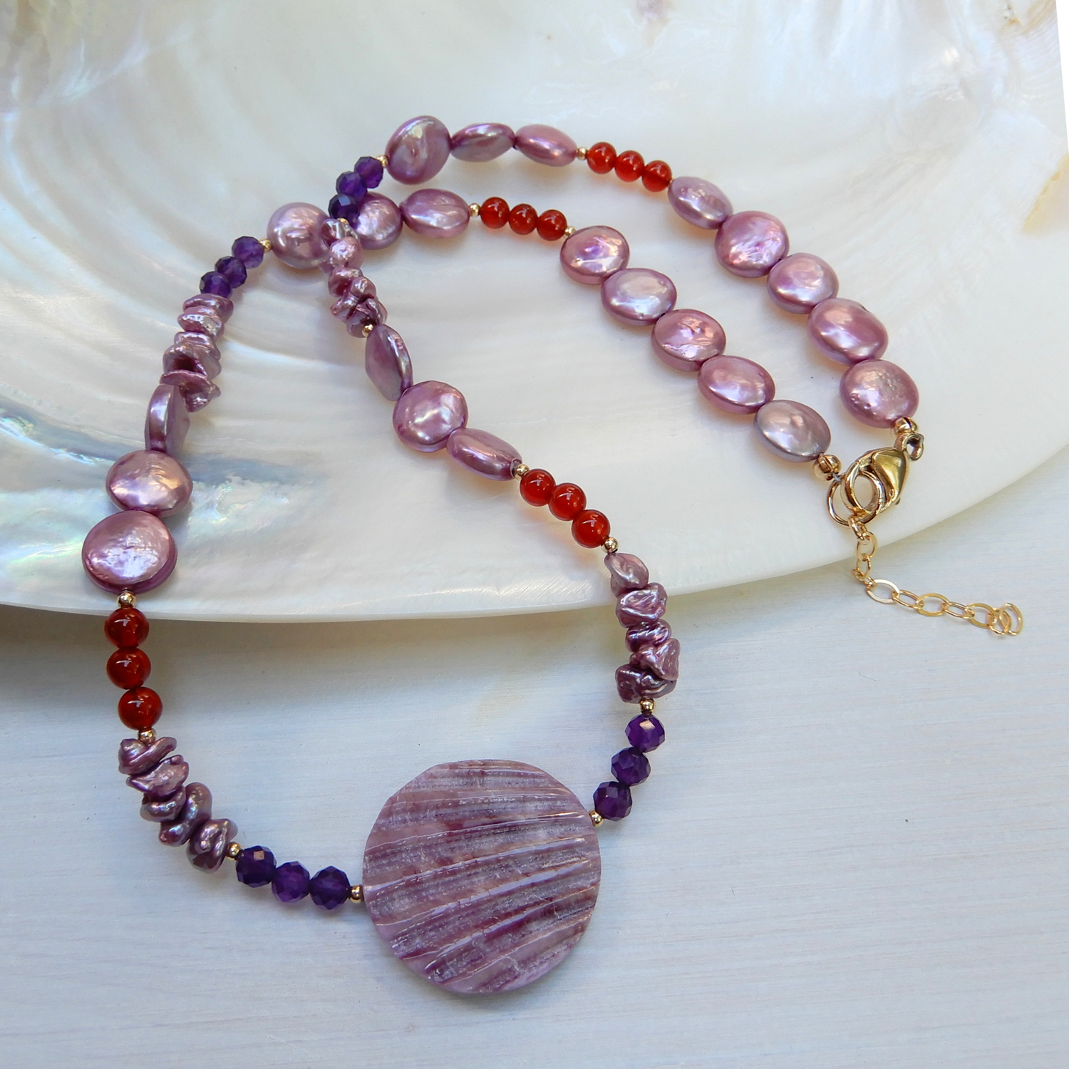 Pearl, Carnelian, Amethyst and shell necklace