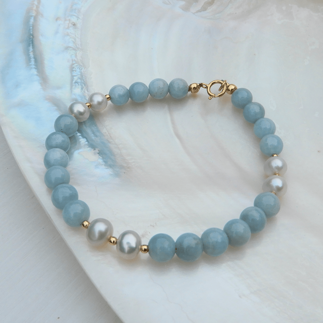 Parel/Aquamarijn armband 6mm - Gloria Maris Giethoorn