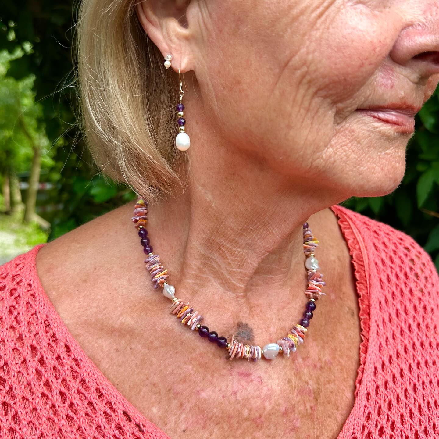 Pearl, Amethyst and shell necklace