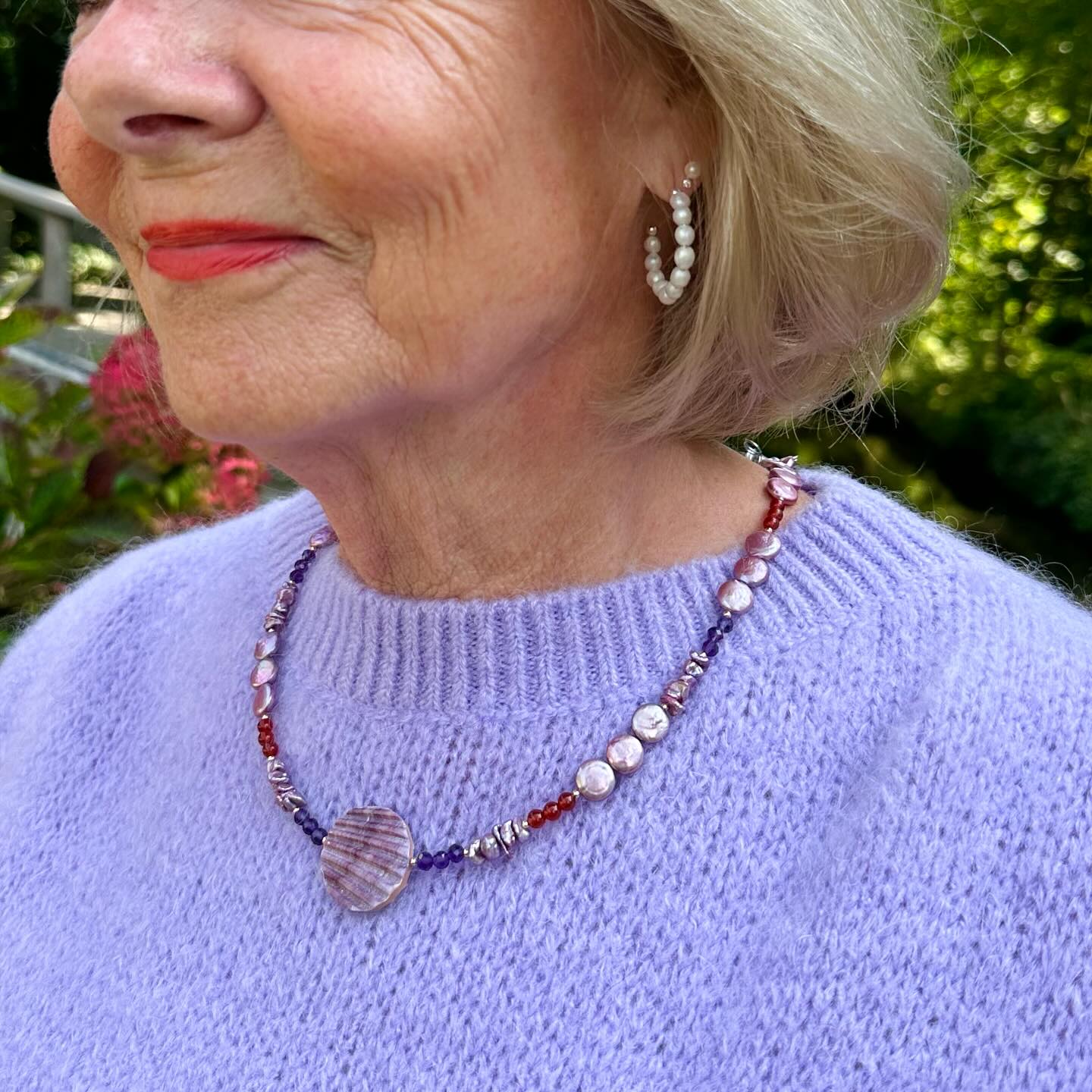 Pearl, Carnelian, Amethyst and shell necklace