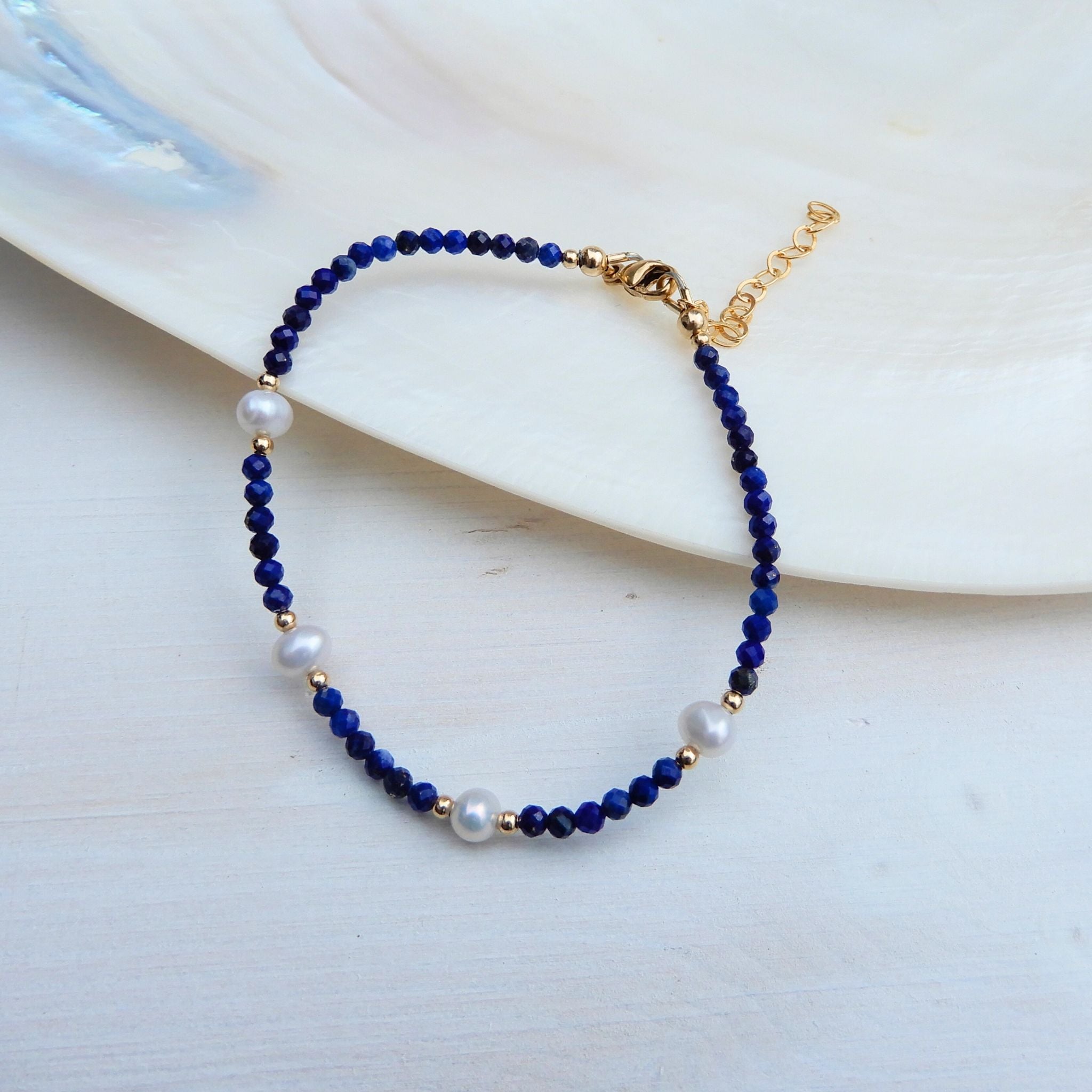 Lapis Lazuli facet met zoetwater Parel armband, 14 karaat gold filled