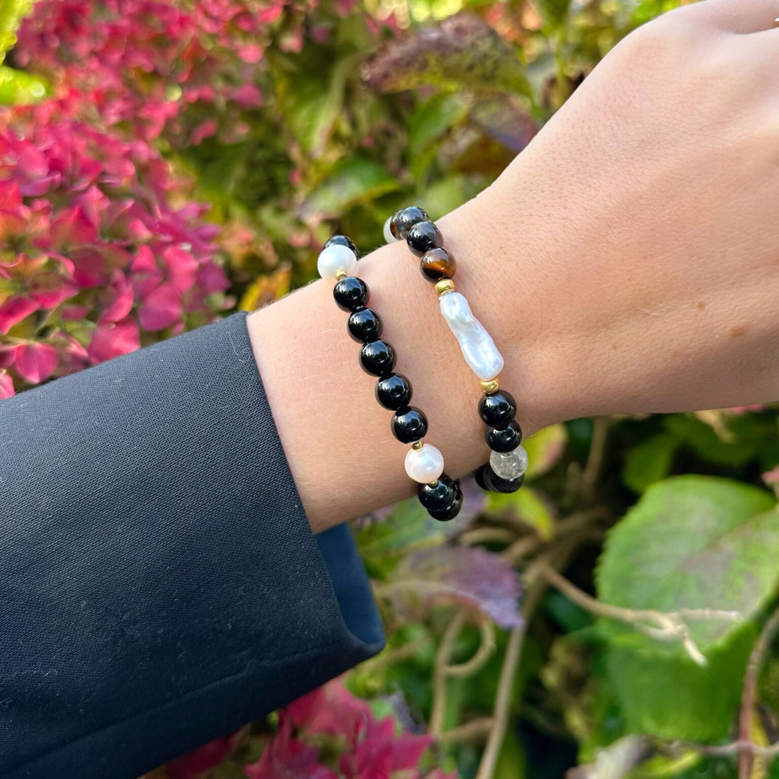 Prachtige armbanden set van zoetwater Parel met Onix.