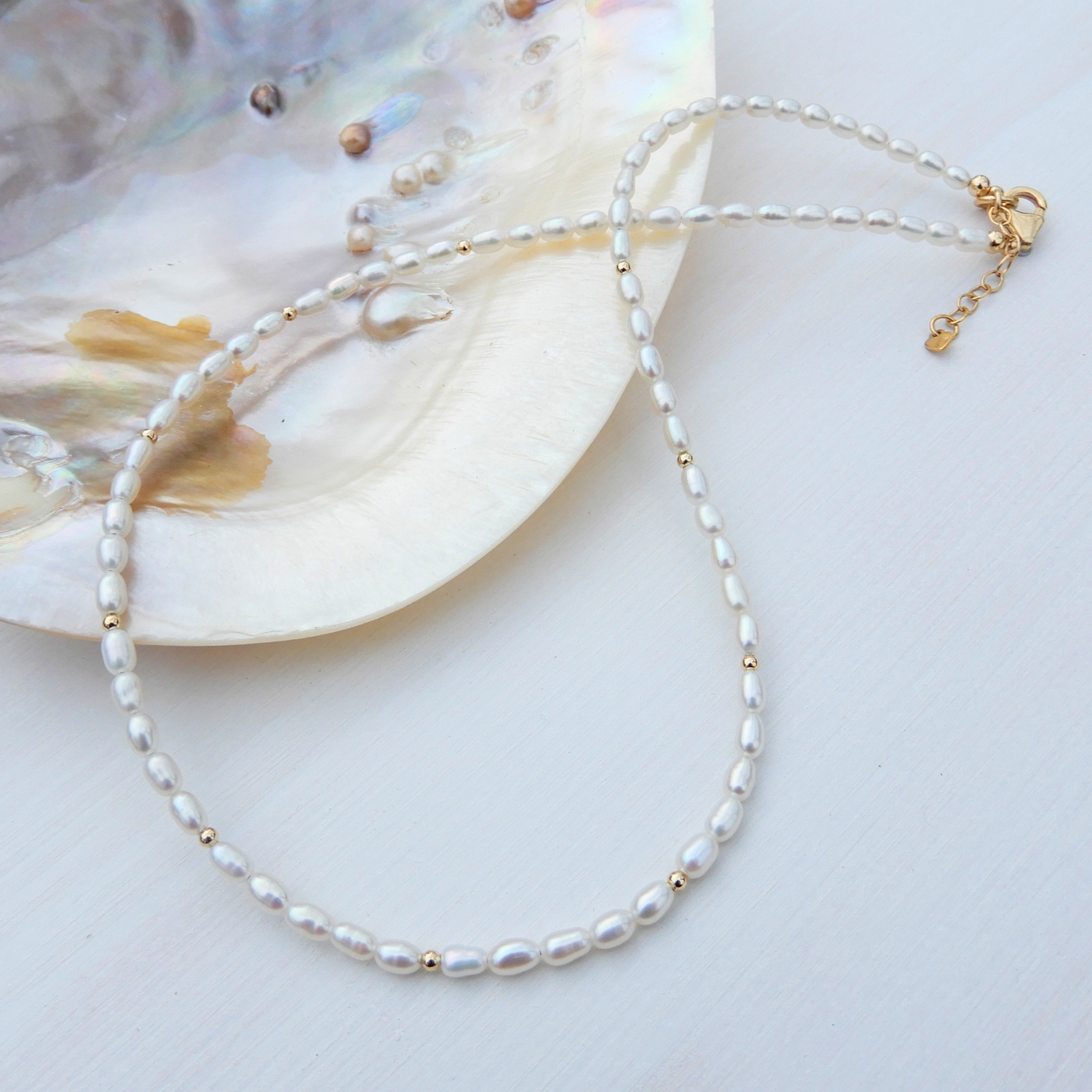 Pearl necklace 3-3,5mm rice gold filled