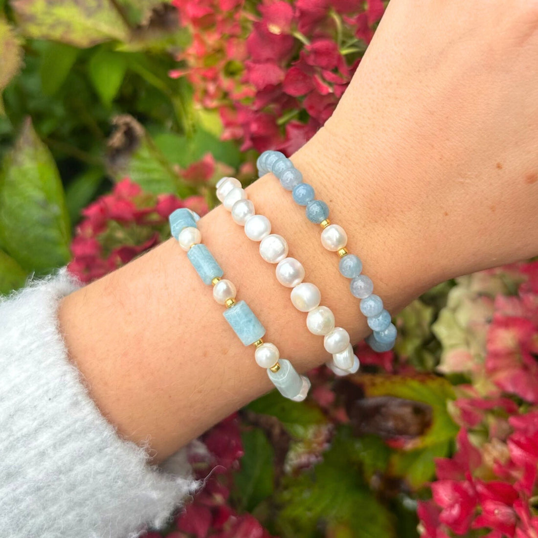 Zoetwater Parel armbanden set in combinatie met Aquamarijn
