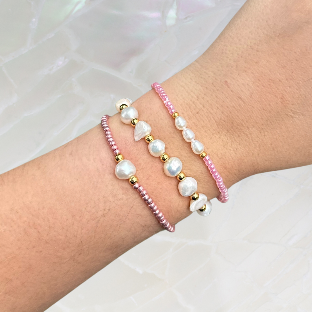 Pearl bracelets set metallic light pink 6/7mm, stretch