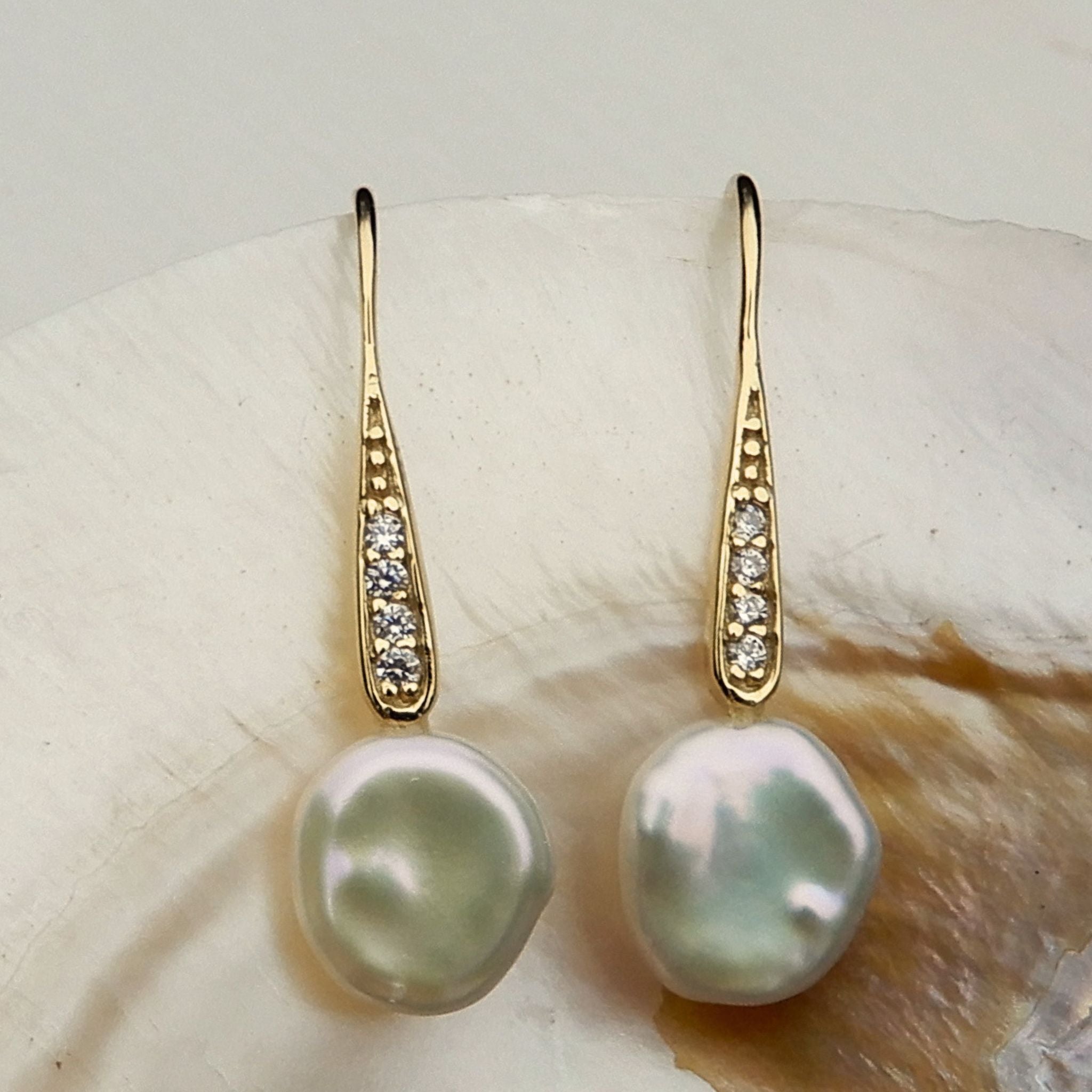 Stylish Pearl earrings with Cubic Zircona, Keshi