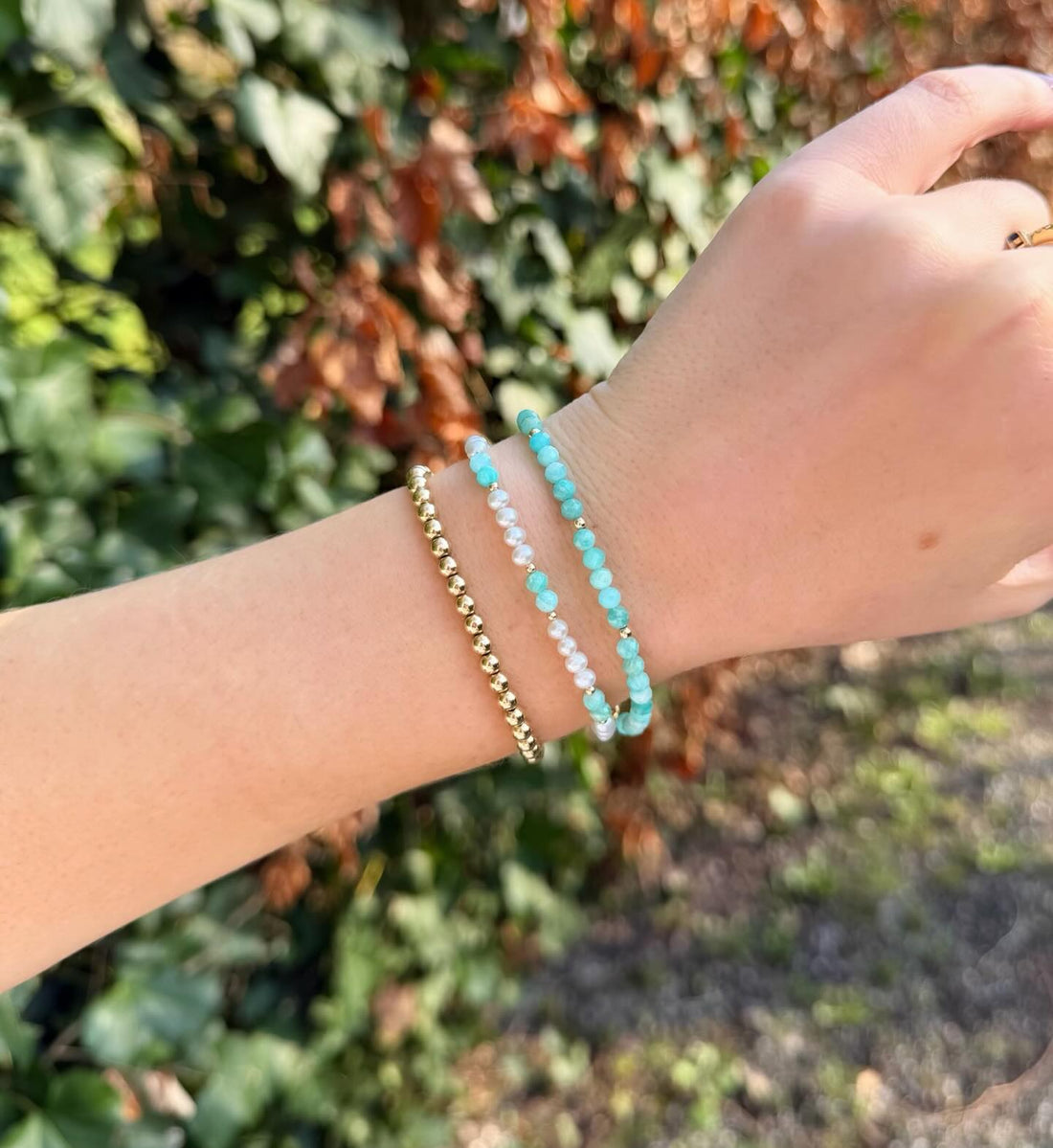 Armbanden set met parel en amazoniet.