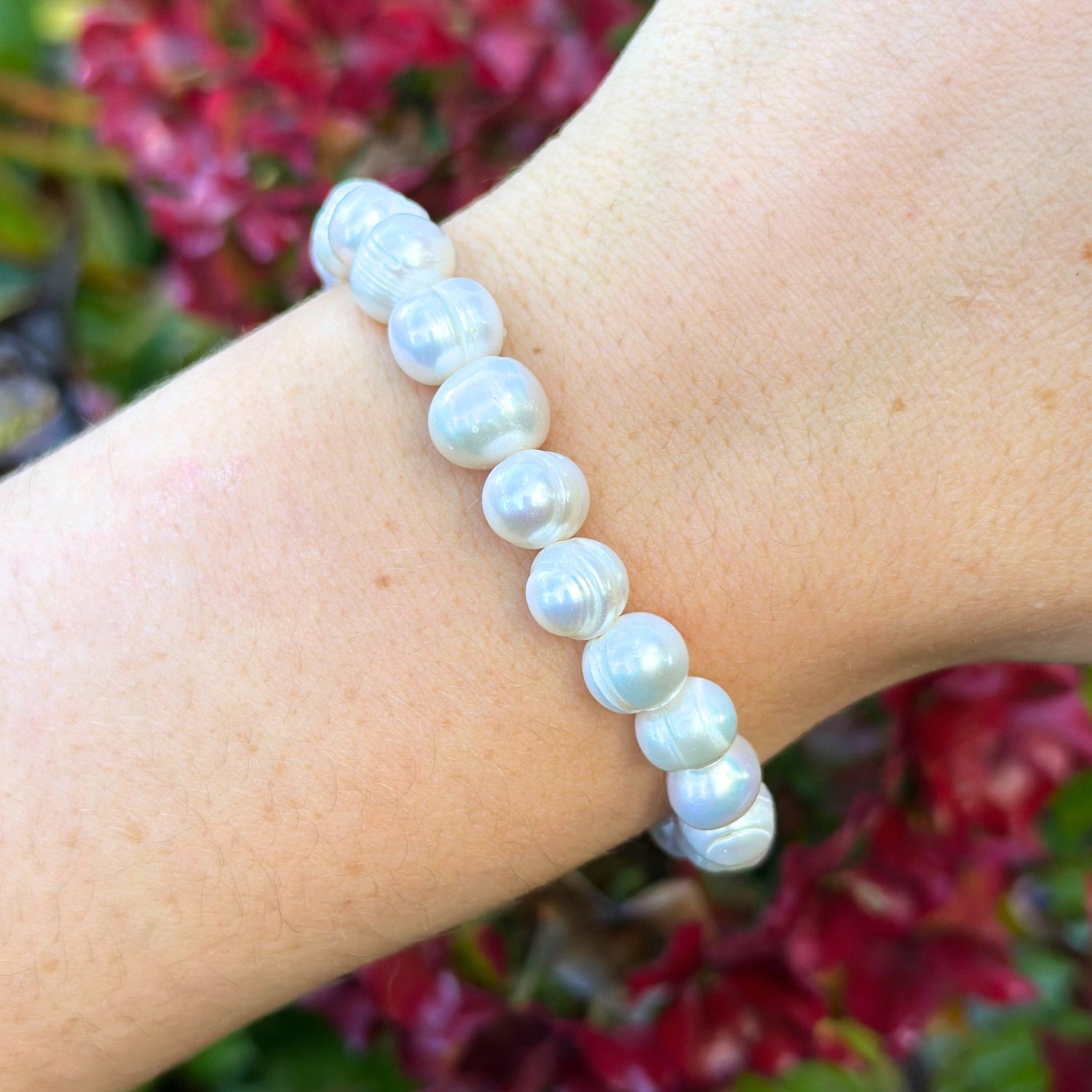Prachtige zoetwater Parel armband van 9mm op stretch draad.