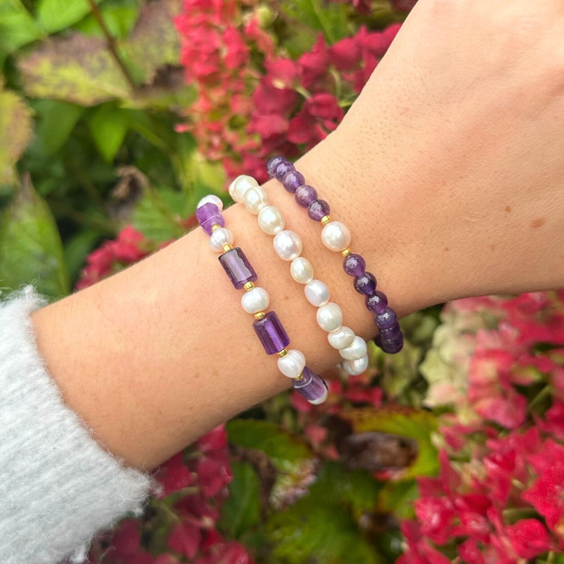 Armbanden set van zoetwater Parel in combinatie met Amethist
