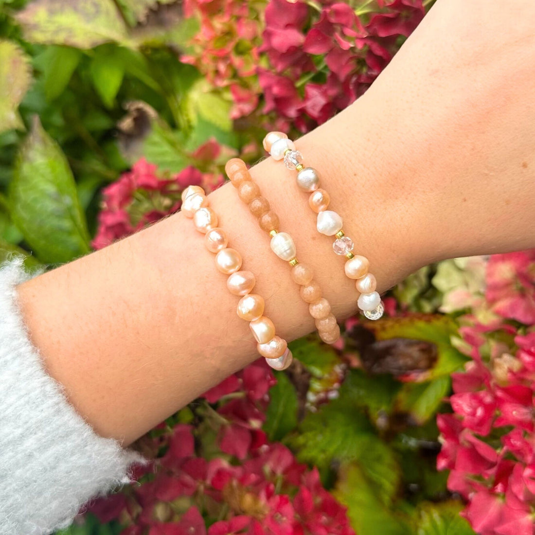 Zoetwater Parel armbanden set in combinatie met rode Aventurijn