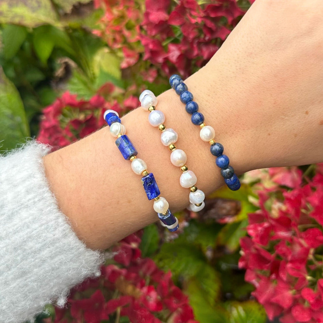 Zoetwater Parel armbanden set in combinatie met Lapis Lazul